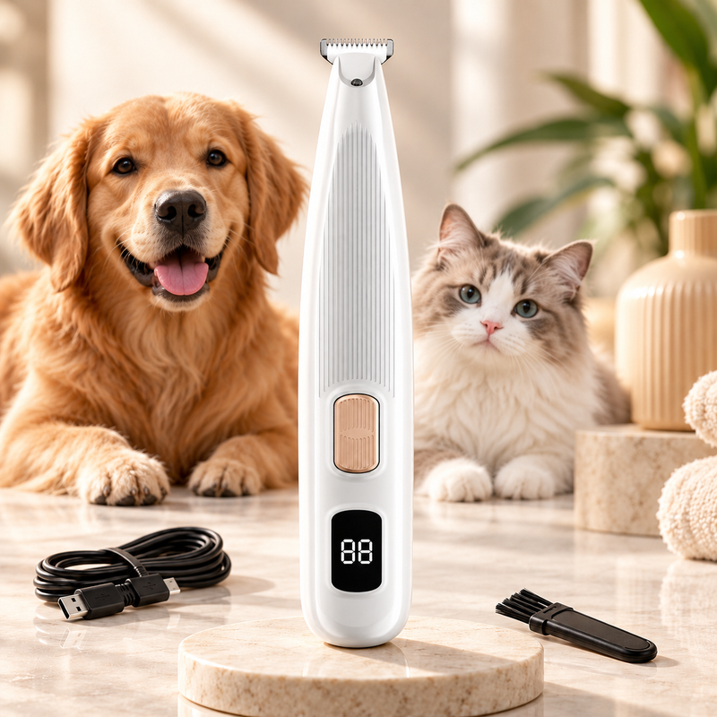 A dog and a cat sitting calmly beside the AVVANZ quiet cordless pet hair trimmer