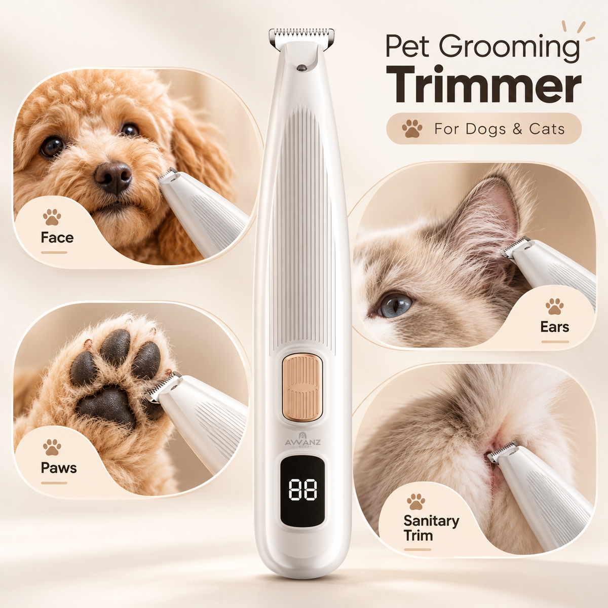 AVVANZ quiet cordless pet hair trimmer, shown in white