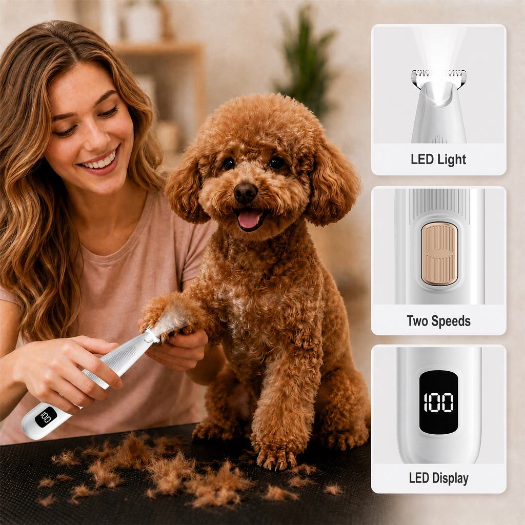 Trimming a poodle's paw with the AVVANZ pet trimmer, showing its LED light, two speeds and LED battery display