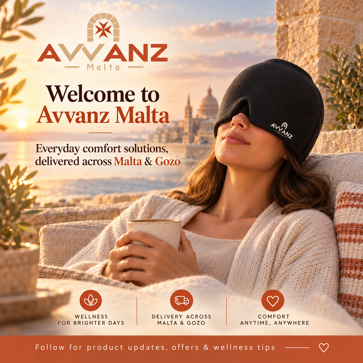 Woman relaxing and enjoying the migraine relief cap